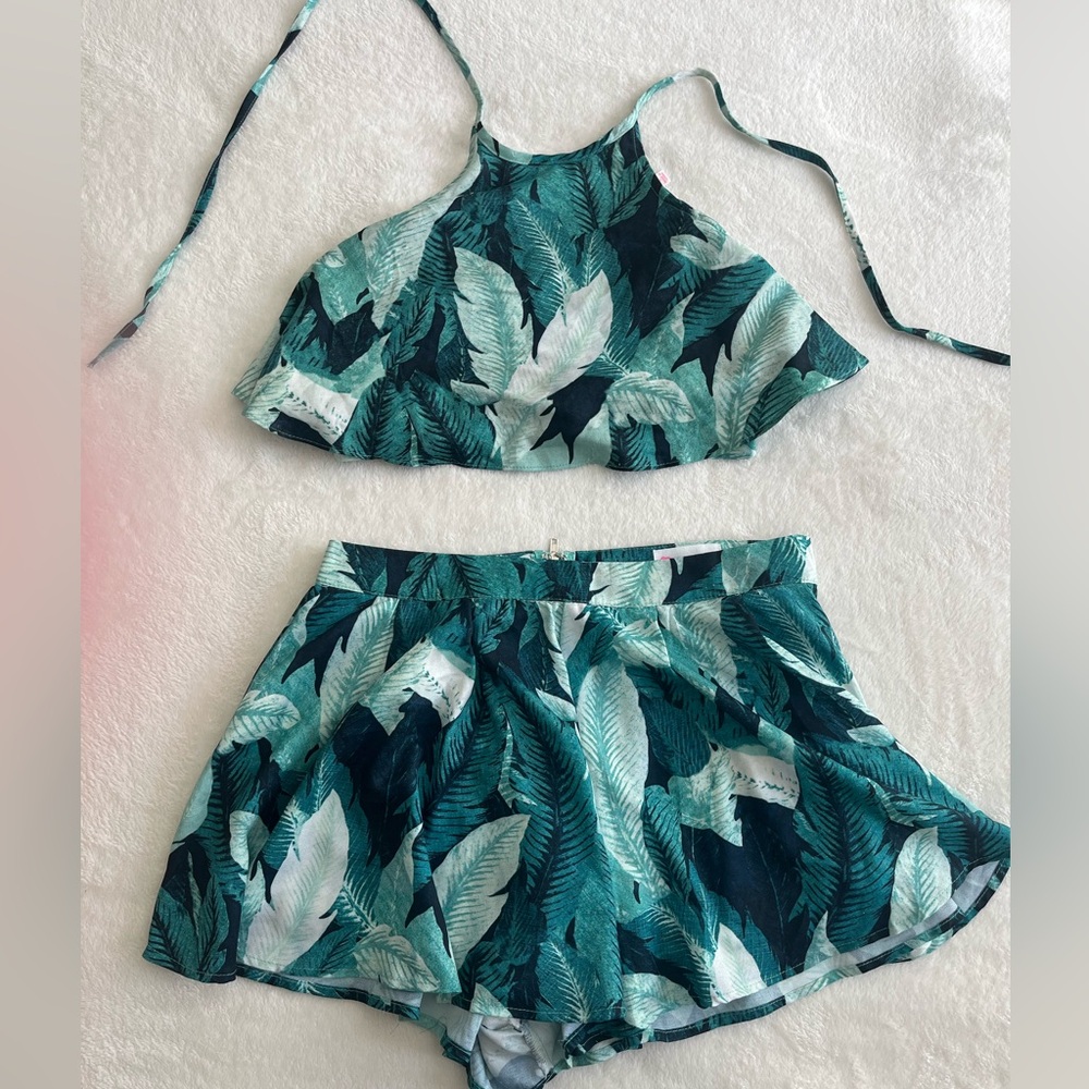 Green Leaf Print Halter Top and Shorts